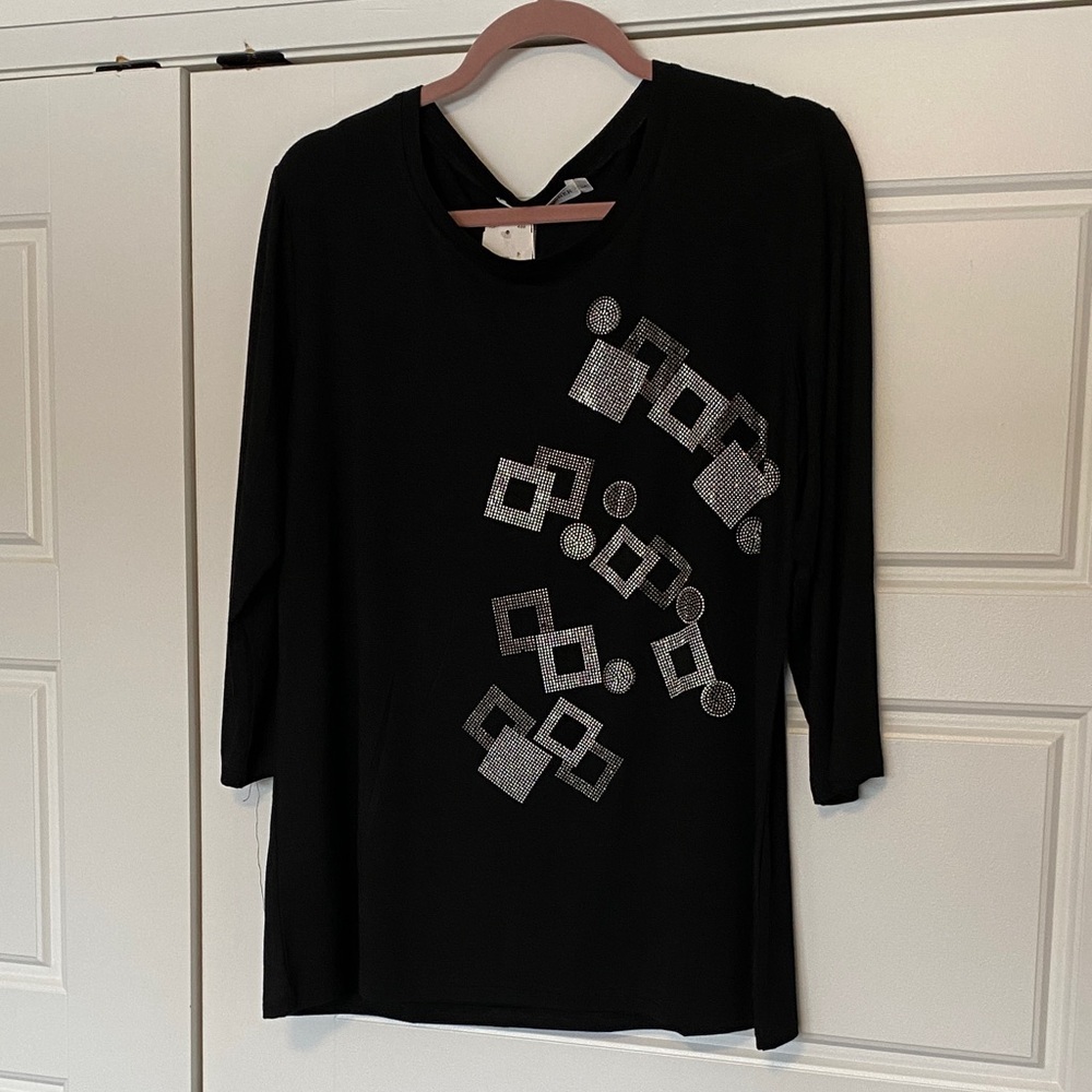 Bling squared 3/4 sleeve cotton blend top NWT size L very soft with rhinestones